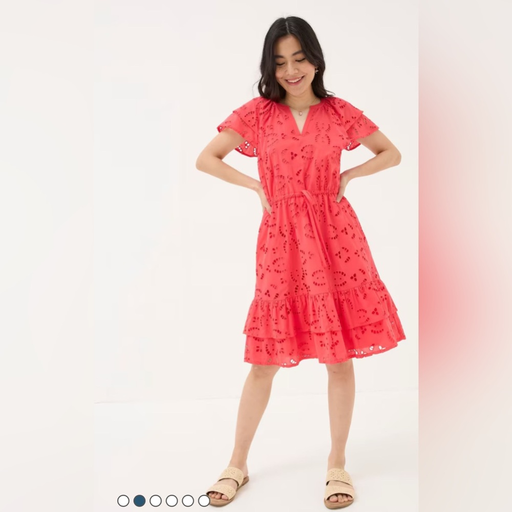 Fat face Brady Red Broderie Dress Eyelet Size 6 EUC Ruffle Hem